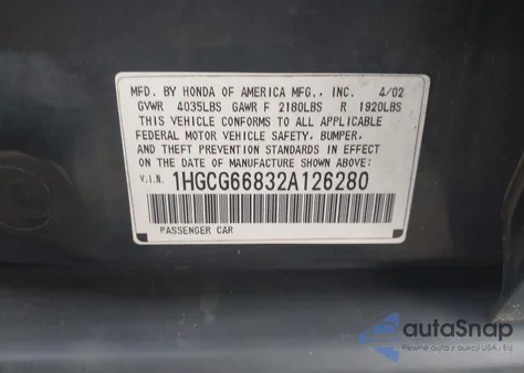 2002 Honda Accord 2.3 Ex/2.3 Se from USA, damaged, VIN 1HGCG66832A126280
